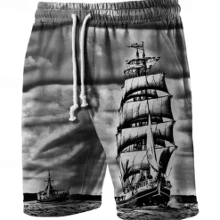 Online OUKU Men's Graphic Prints Sailboat Sweat Shorts Beach Shorts Terry Shorts Mid Waist Casual Athleisure Daily Holiday Streetwear Drawstring Elastic Waist 3D Print Designer Clothing Apparel