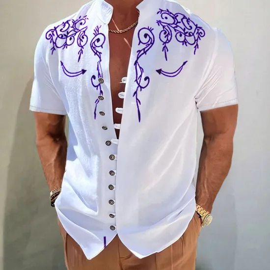 New OUKU Men's Graphic Prints Shirt Western Shirt Cowboy Shirt Short Sleeve Fashion Streetwear Designer Outdoor Daily Spring & Summer Stand Collar Print Black Yellow Blue Purple