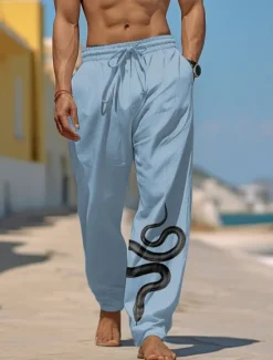 Online OUKU Men's Graphic Prints Snake Trousers Summer Pants Beach Pants Mid Waist Streetwear Hawaiian Designer Casual Daily Holiday Drawstring Elastic Waist 3D Print Spring & Summer 3D Print White Blue Green