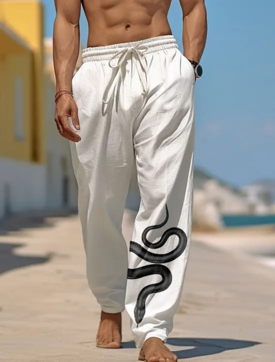 Online OUKU Men's Graphic Prints Snake Trousers Summer Pants Beach Pants Mid Waist Streetwear Hawaiian Designer Casual Daily Holiday Drawstring Elastic Waist 3D Print Spring & Summer 3D Print White Blue Green