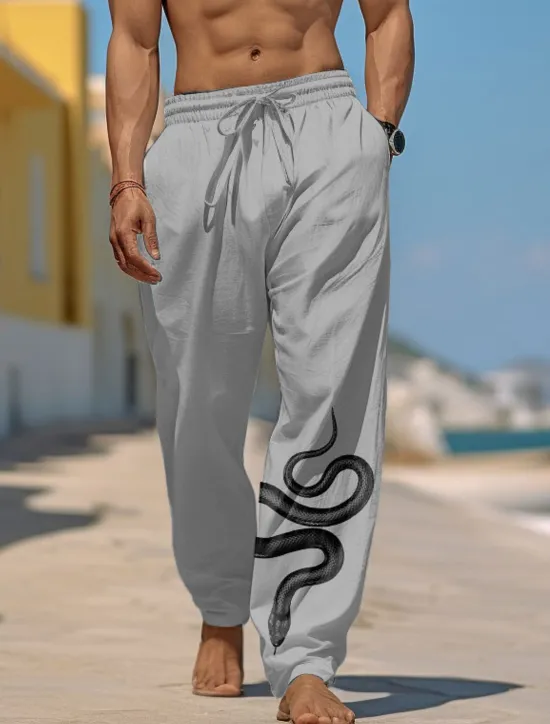 Online OUKU Men's Graphic Prints Snake Trousers Summer Pants Beach Pants Mid Waist Streetwear Hawaiian Designer Casual Daily Holiday Drawstring Elastic Waist 3D Print Spring & Summer 3D Print White Blue Green