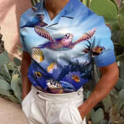 OUKU Men's Graphic Prints Turtle Marine Life Polo Shirts Golf Shirt Short Sleeves Shirt Turndown Outdoor Vacation Royal Blue Blue Print Clothing Apparel Fashion Designer Casual Breathable