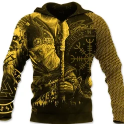 Best OUKU Men's Graphic Prints Viking Hoodie Hoodies Sweatshirt Daily Classic Long Sleeve Hooded Holiday Going out Streetwear Black Yellow Print Spring & Fall Designer