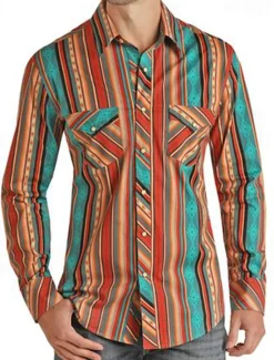 OUKU Men's Graphic Prints Vintage Geometry Shirt Western Shirt Cowboy Shirt Long Sleeve Fashion Streetwear Designer Outdoor Daily Fall & Winter Turndown Print Button-Down Red Blue Orange Green