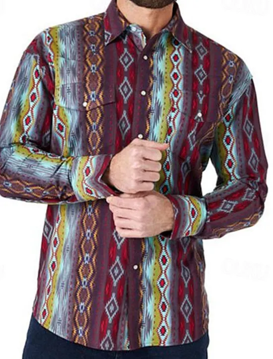 OUKU Men's Graphic Prints Vintage Geometry Shirt Western Shirt Cowboy Shirt Long Sleeve Fashion Streetwear Designer Outdoor Daily Fall & Winter Turndown Print Button-Down Red Blue Orange Green