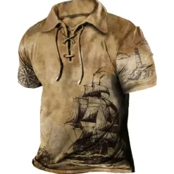 Best OUKU Men's Graphic Prints Vintage Boat Polo Shirt Golf Shirt Short Sleeve Shirt Turndown Outdoor Street Blue Brown Green Khaki Drawstring Print Clothing Apparel Sports Fashion Streetwear Designer