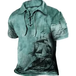 Best OUKU Men's Graphic Prints Vintage Boat Polo Shirt Golf Shirt Short Sleeve Shirt Turndown Outdoor Street Blue Brown Green Khaki Drawstring Print Clothing Apparel Sports Fashion Streetwear Designer