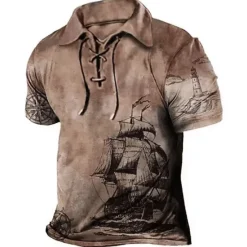 Best OUKU Men's Graphic Prints Vintage Boat Polo Shirt Golf Shirt Short Sleeve Shirt Turndown Outdoor Street Blue Brown Green Khaki Drawstring Print Clothing Apparel Sports Fashion Streetwear Designer