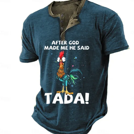 Hot OUKU Men's Graphic Rooster After God Made Me He Said Ta Da Henley Shirt Tee Short Sleeve 3D Print Fashion Designer Comfortable Outdoor Casual Daily Summer Black Blue Brown Green Henley Henley T-Shirt