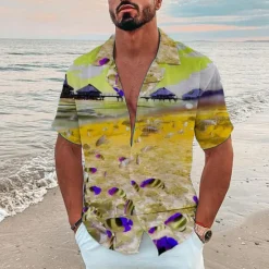 New OUKU Men's Graphic Scenery Seascape Pattern Shirt Summer Shirt Summer Hawaiian Shirt Short Sleeve Shirt Turndown Fashion Hawaiian Designer Outdoor Street Casual Black Yellow Navy Blue Print S M L