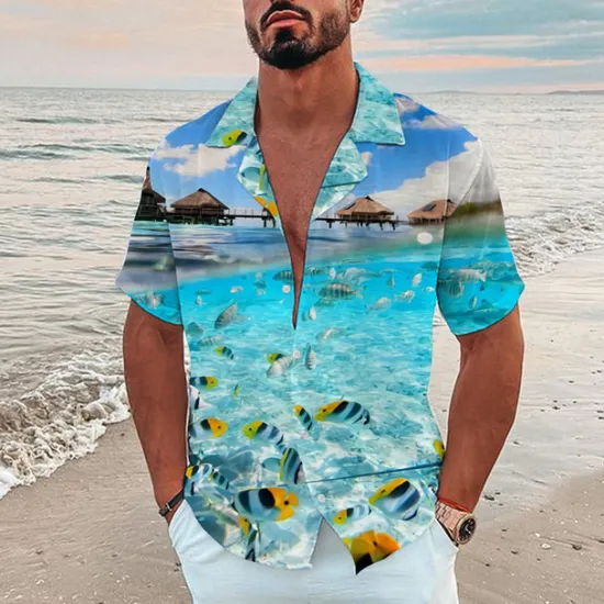 New OUKU Men's Graphic Scenery Seascape Pattern Shirt Summer Shirt Summer Hawaiian Shirt Short Sleeve Shirt Turndown Fashion Hawaiian Designer Outdoor Street Casual Black Yellow Navy Blue Print S M L