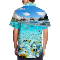 New OUKU Men's Graphic Scenery Seascape Pattern Shirt Summer Shirt Summer Hawaiian Shirt Short Sleeve Shirt Turndown Fashion Hawaiian Designer Outdoor Street Casual Black Yellow Navy Blue Print S M L