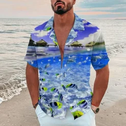 New OUKU Men's Graphic Scenery Seascape Pattern Shirt Summer Shirt Summer Hawaiian Shirt Short Sleeve Shirt Turndown Fashion Hawaiian Designer Outdoor Street Casual Black Yellow Navy Blue Print S M L