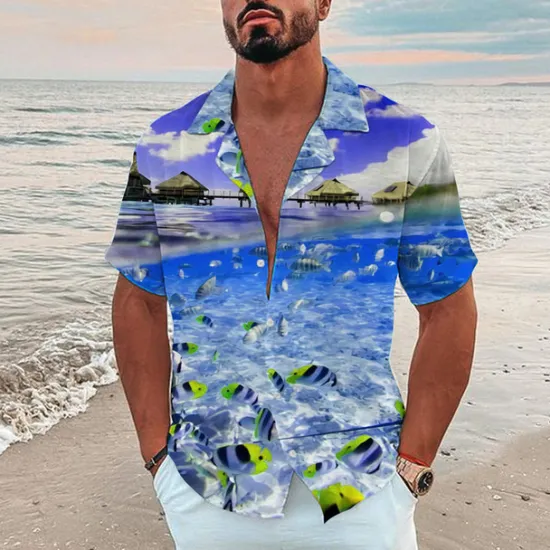 New OUKU Men's Graphic Scenery Seascape Pattern Shirt Summer Shirt Summer Hawaiian Shirt Short Sleeve Shirt Turndown Fashion Hawaiian Designer Outdoor Street Casual Black Yellow Navy Blue Print S M L