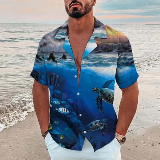 New OUKU Men's Graphic Scenery Seascape Pattern Shirt Summer Shirt Summer Hawaiian Shirt Short Sleeve Shirt Turndown Fashion Hawaiian Designer Outdoor Street Casual Black Yellow Navy Blue Print S M L