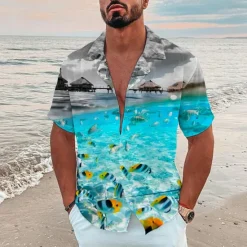 New OUKU Men's Graphic Scenery Seascape Pattern Shirt Summer Shirt Summer Hawaiian Shirt Short Sleeve Shirt Turndown Fashion Hawaiian Designer Outdoor Street Casual Black Yellow Navy Blue Print S M L