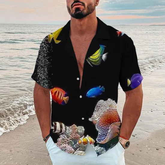 New OUKU Men's Graphic Scenery Seascape Pattern Shirt Summer Shirt Summer Hawaiian Shirt Short Sleeve Shirt Turndown Fashion Hawaiian Designer Outdoor Street Casual Black Yellow Navy Blue Print S M L