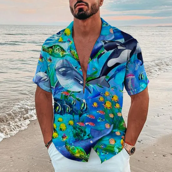 New OUKU Men's Graphic Scenery Seascape Pattern Shirt Summer Shirt Summer Hawaiian Shirt Short Sleeve Shirt Turndown Fashion Hawaiian Designer Outdoor Street Casual Black Yellow Navy Blue Print S M L