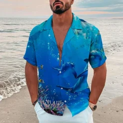 New OUKU Men's Graphic Scenery Seascape Pattern Shirt Summer Shirt Summer Hawaiian Shirt Short Sleeve Shirt Turndown Fashion Hawaiian Designer Outdoor Street Casual Black Yellow Navy Blue Print S M L