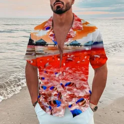 New OUKU Men's Graphic Scenery Seascape Pattern Shirt Summer Shirt Summer Hawaiian Shirt Short Sleeve Shirt Turndown Fashion Hawaiian Designer Outdoor Street Casual Black Yellow Navy Blue Print S M L