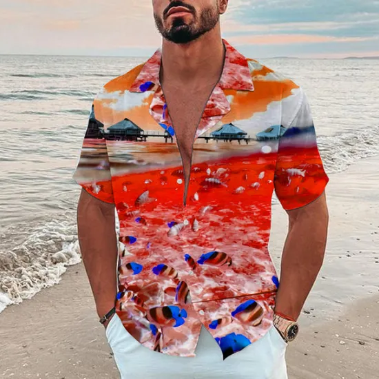 New OUKU Men's Graphic Scenery Seascape Pattern Shirt Summer Shirt Summer Hawaiian Shirt Short Sleeve Shirt Turndown Fashion Hawaiian Designer Outdoor Street Casual Black Yellow Navy Blue Print S M L