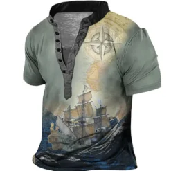 Hot OUKU Men's Graphic Ship Henley Shirt Short Sleeve 3D Print Fashion Casual Comfortable Outdoor Daily Going out Summer Dark Brown Pink Red Navy Blue Blue Henley Henley T-Shirt