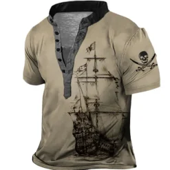 Hot OUKU Men's Graphic Ship Henley Shirt Short Sleeve 3D Print Fashion Casual Comfortable Outdoor Daily Going out Summer Dark Brown Pink Red Navy Blue Blue Henley Henley T-Shirt