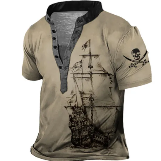 Hot OUKU Men's Graphic Ship Henley Shirt Short Sleeve 3D Print Fashion Casual Comfortable Outdoor Daily Going out Summer Dark Brown Pink Red Navy Blue Blue Henley Henley T-Shirt