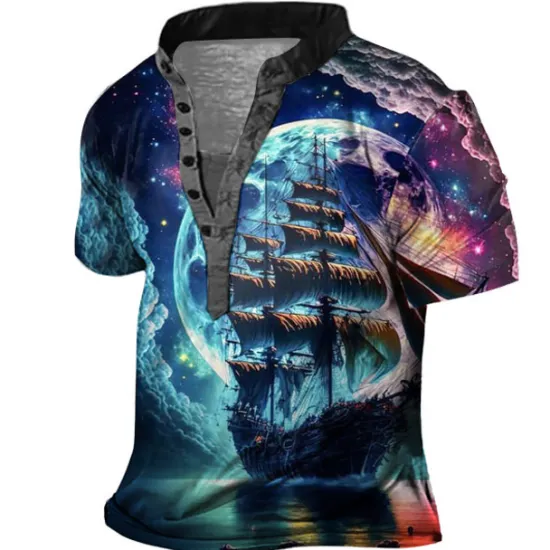 Hot OUKU Men's Graphic Ship Henley Shirt Short Sleeve 3D Print Fashion Casual Comfortable Outdoor Daily Going out Summer Dark Brown Pink Red Navy Blue Blue Henley Henley T-Shirt