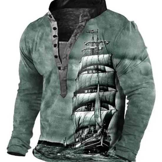Sale OUKU Men's Graphic Ship Henley Shirt Tee Long Sleeve 3D Print Vintage Fashion Designer Outdoor Casual Daily Spring & Fall Blue Brown Green Gray Henley Henley T-Shirt