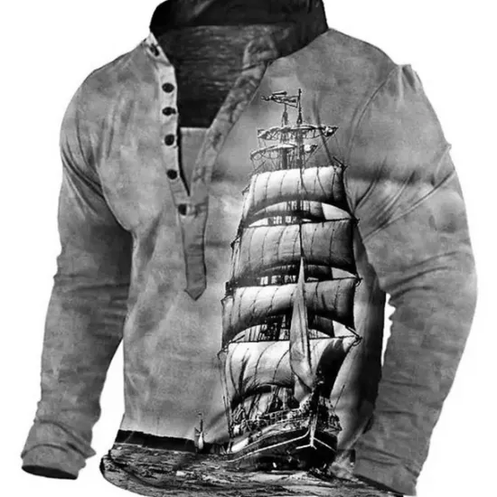 Sale OUKU Men's Graphic Ship Henley Shirt Tee Long Sleeve 3D Print Vintage Fashion Designer Outdoor Casual Daily Spring & Fall Blue Brown Green Gray Henley Henley T-Shirt
