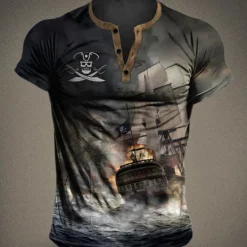 OUKU Men's Graphic Ship Pirate Henley Shirt Short Sleeve 3D Print Fashion Designer Comfortable Outdoor Daily Summer Blue Brown Green Gray Henley Henley T-Shirt