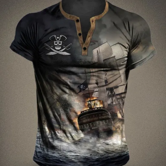 OUKU Men's Graphic Ship Pirate Henley Shirt Short Sleeve 3D Print Fashion Designer Comfortable Outdoor Daily Summer Blue Brown Green Gray Henley Henley T-Shirt