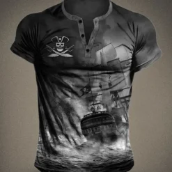 OUKU Men's Graphic Ship Pirate Henley Shirt Short Sleeve 3D Print Fashion Designer Comfortable Outdoor Daily Summer Blue Brown Green Gray Henley Henley T-Shirt