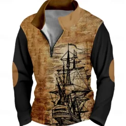 Outlet OUKU Men's Graphic Ship Sweatshirt Vintage Retro Long Sleeve High Neck Vacation Streetwear Blue Green Zipper Quarter Zip Fall Winter Designer