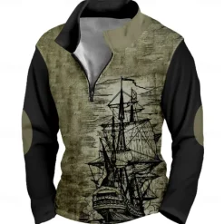 Outlet OUKU Men's Graphic Ship Sweatshirt Vintage Retro Long Sleeve High Neck Vacation Streetwear Blue Green Zipper Quarter Zip Fall Winter Designer