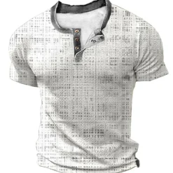 New OUKU Mens Graphic Shirt Squares Casual 3D Blue Summer Cotton Waffle Henley Tee Clothing Apparel Print Outdoor Short Sleeve Button Fashion Designer Green