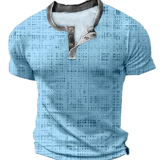 New OUKU Mens Graphic Shirt Squares Casual 3D Blue Summer Cotton Waffle Henley Tee Clothing Apparel Print Outdoor Short Sleeve Button Fashion Designer Green