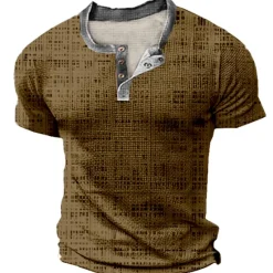 New OUKU Mens Graphic Shirt Squares Casual 3D Blue Summer Cotton Waffle Henley Tee Clothing Apparel Print Outdoor Short Sleeve Button Fashion Designer Green
