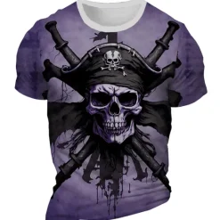 Discount OUKU Men's Graphic Skeleton Pirate T Shirt Short Sleeve T shirt 3D Print Crew Neck Shirt Daily Designer Retro Vintage Sports Outdoor Holiday Going out Burgundy Blue Purple Spring & Summer Clothing Apparel