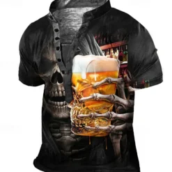 Online OUKU Men's Graphic Skull Beer T Shirt Henley Shirt Tee Short Sleeve 3D Print Designer Basic Casual Outdoor Daily Sports Summer Stand Collar Henley T-Shirt Black