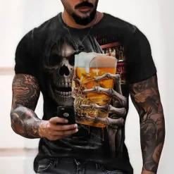 Hot OUKU Men's Graphic Skull Beer T Shirt Halloween Shirt Short Sleeve T shirt 3D Print Crew Neck Shirt Vintage Fashion Designer Outdoor Casual Daily Summer Clothing Apparel S M L XL 2XL 3XL Black