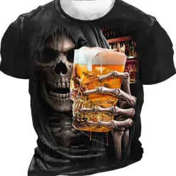 Hot OUKU Men's Graphic Skull Beer T Shirt Halloween Shirt Short Sleeve T shirt 3D Print Crew Neck Shirt Vintage Fashion Designer Outdoor Casual Daily Summer Clothing Apparel S M L XL 2XL 3XL Black