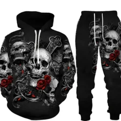 OUKU Men's Graphic Skull 2pcs 3D Sweatshirt Sets Tracksuit Hoodies Long Sleeve Long pants Hooded Streetwear Designer Basic Sports & Outdoor Casual Sports Print Spring Fall Black Brown Light Grey