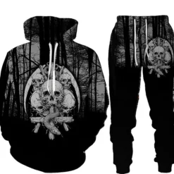 OUKU Men's Graphic Skull 2pcs 3D Sweatshirt Sets Tracksuit Hoodies Long Sleeve Long pants Hooded Streetwear Designer Basic Sports & Outdoor Casual Sports Print Spring Fall Black Brown Light Grey