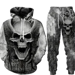 OUKU Men's Graphic Skull 2pcs 3D Sweatshirt Sets Tracksuit Hoodies Long Sleeve Long pants Hooded Streetwear Designer Basic Sports & Outdoor Casual Sports Print Spring Fall Black Brown Light Grey
