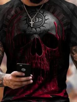 New OUKU Men's Graphic Skull Shirt T Shirt Halloween Shirt Tee Short Sleeve T shirt 3D Print Crew Neck Shirt Designer Basic Slim Fit Casual Daily Weekend Black Red Green Summer Clothing Apparel Plus Size S M