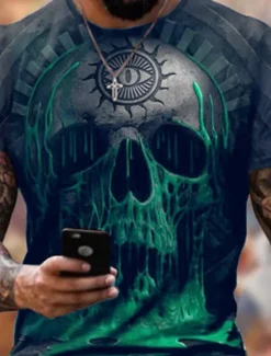 New OUKU Men's Graphic Skull Shirt T Shirt Halloween Shirt Tee Short Sleeve T shirt 3D Print Crew Neck Shirt Designer Basic Slim Fit Casual Daily Weekend Black Red Green Summer Clothing Apparel Plus Size S M