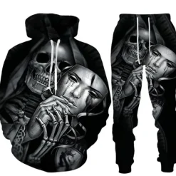 Hot OUKU Men's Graphic Skull Skeleton 2pcs 3D Sweatshirt Sets Tracksuit Hoodies Long Sleeve Long pants Hooded Streetwear Designer Basic Sports & Outdoor Casual Sports Print Spring Fall Black Blue Orange
