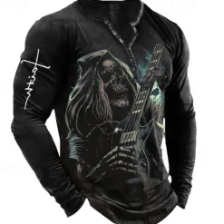 OUKU Men's Graphic Skull Skeleton Henley Shirt Tee Long Sleeve 3D Print Fashion Designer Comfortable Outdoor Casual Daily Spring & Fall Henley Henley T-Shirt Black